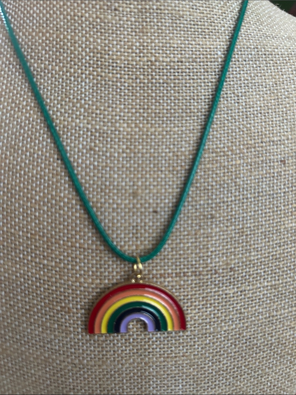 Rainbow Enamel Pendant Necklace on Green Cord - Picture 1 of 3